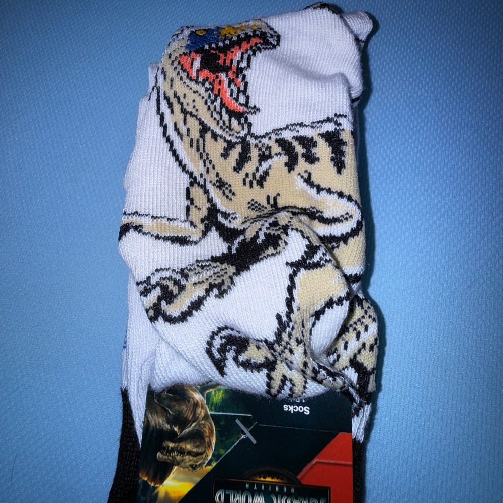 Jurassic World Crew Socks Shoe Size 10-13 NEW Raptor Graphic White Black Tan